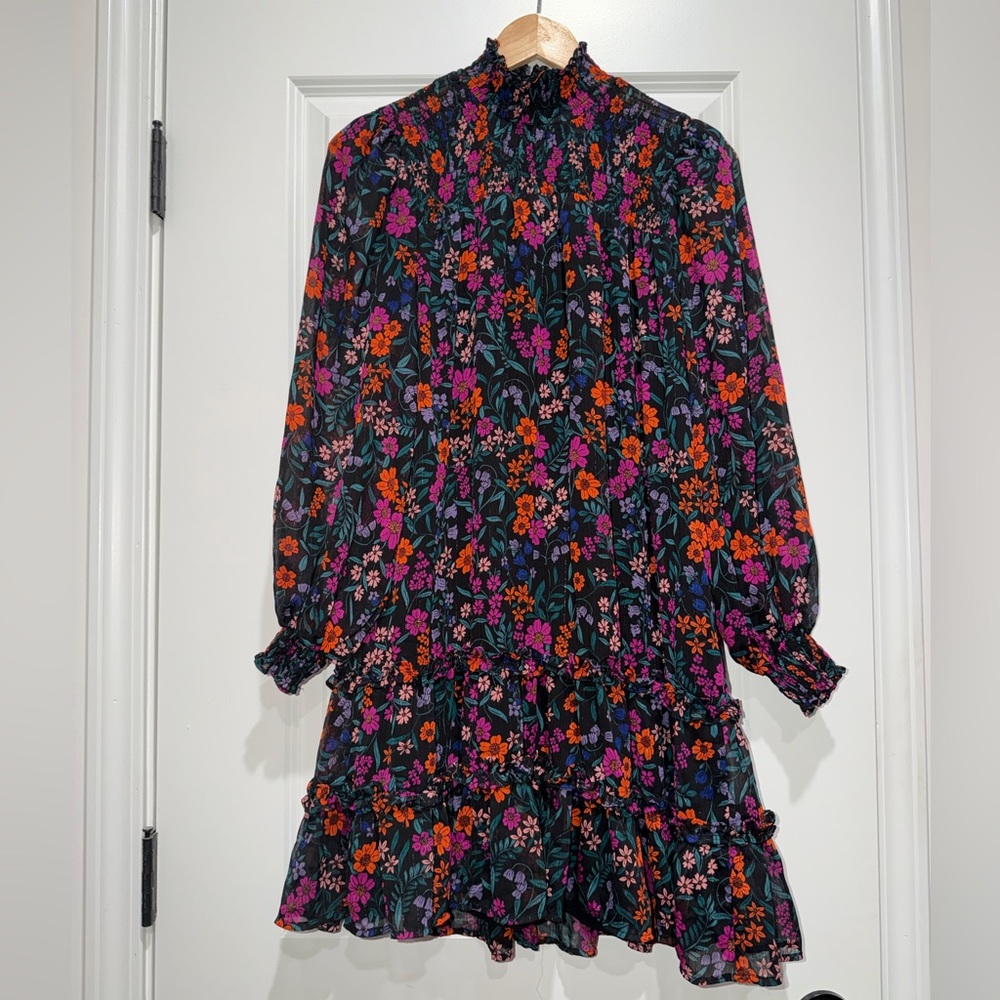 CeCe Chiffon Black Floral Smocked Mock Neck Dress Medium